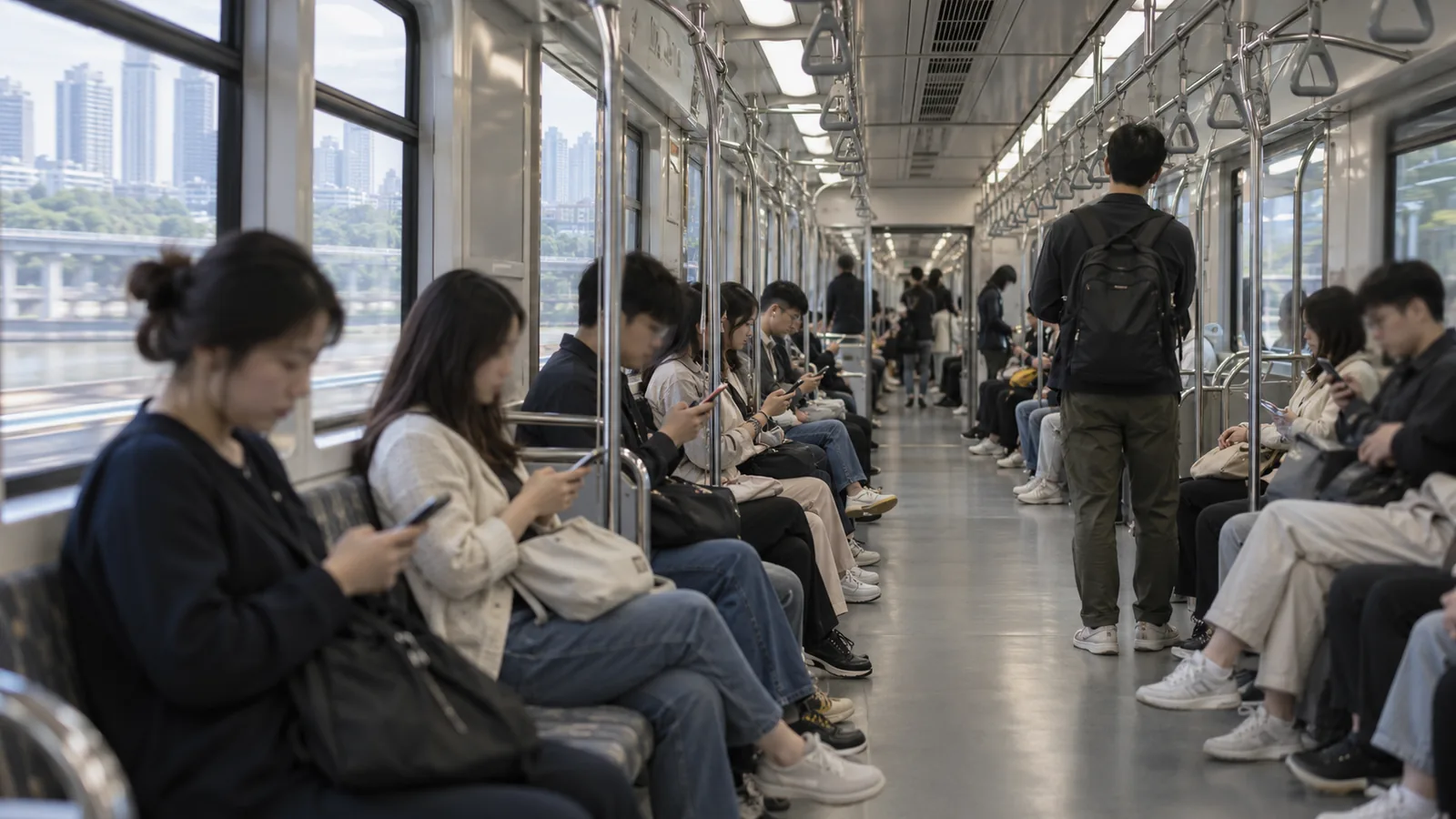Passengers looking at their phones inside a Seoul subway car as it crosses the Han River